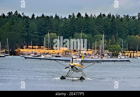 Ein Pendlerflugzeug, das zum Dock am Hafen in Nanaimo auf Vancouver Island British Columbia Kanada fährt. Stockfoto