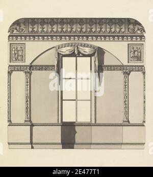 Unbekannter Künstler, Design for an Unidentified Interior: Elevation, undated. Stift und schwarze Tinte, grau waschen, und Graphit auf mäßig dicken, mäßig strukturierten, cremefarbenen Papier. Architektonische Thema, Vorhänge, Dekorationen, Design, Fries (Zierband), Haus, Formteile, neoklassische, Pilaster, Relief, Zimmer, Fenster Stockfoto