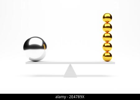 Viele kleinere goldene und einzelne silberne Chromkugeln im Gleichgewicht auf Wippe über weißem Hintergrund, Stabilität, Business-Team oder Teamwork-Konzept, 3D Stockfoto