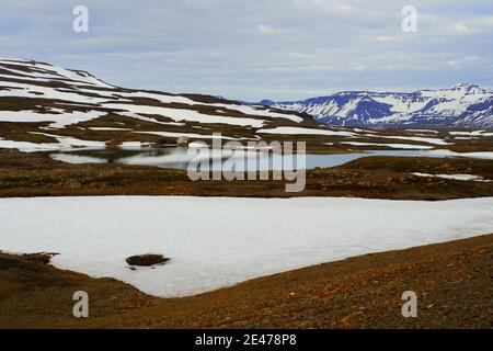 Der Blick auf eine teilweise verschneite Gegend auf der Route 92 in Richtung Seydisfjordur, Island im Sommer Stockfoto