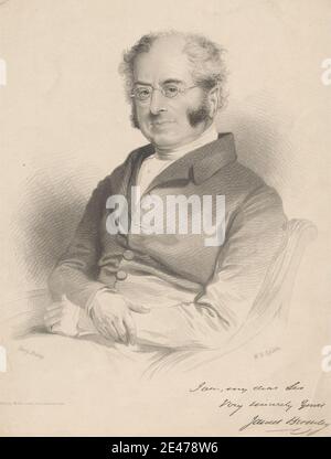 William H. Egleton, aktiv 1833–1862, James Bromley, undated. Lithographie auf mäßig dickem, glattem, beigefarbenem Papier. Künstler, Stuhl, Mantel, Brillen, Mann, Porträt. Bromley, James (1800–1838), Kupferstecher Stockfoto