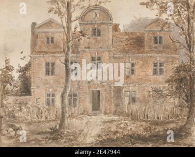 Zugeschrieben Hon. Daniel Finch, 1789–1868, britisch, The Old House Packington, 1844. Aquarell, Stift, braune Tinte und Graphit auf Medium, leicht strukturiert, cremefarbenen Wove Papier. Architektonisches Thema, Ziegel, Zaun, Haus, Bäume, Fenster Stockfoto