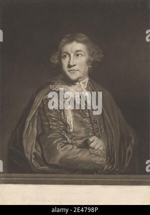 Druck von John Finlayson, 1730–1776, britisch, David Garrick in The Character of 'Kity', 1769. Mezzotint auf mäßig dickem, leicht strukturiertem beigefarbenem Papier. Schauspieler, Knöpfe, Umhang, Kragen, Stickerei, jeder Mann in seinem Humor (1598), Spiel von Benjamin Jonson (1572-1637), Spitze, literarisches Thema, Theaterstücke von Benjamin Jonson (1572–1637), Dichter und Dramatiker, Porträt, Posing, Quasten, Weste. Kity, Kaufmann (Figur in Ben Jonsons "Every man in his Humor" Garrick, David (1717–1779), Schauspieler und Dramatiker Stockfoto