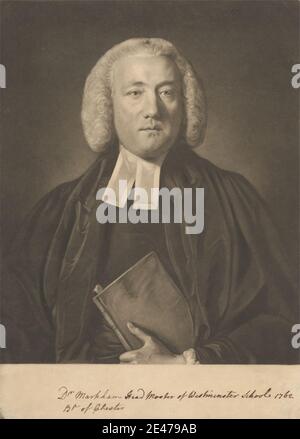 Edward Fisher, 1722–1785, Brite, Dr. William Markham, Leiter der Westminster School, Bischof von Chester, 1762. Mezzotint auf mäßig dickem, leicht strukturiertem beigefarbenem Papier. erzbischof, Bischof (Prälat), Bücher, Klerus, Mantel, Kragen, Schulleiter, Halten, Porträt, Posen, Robe, Schule, feierlich, Perücke. Markham, William (1719-1807), Erzbischof von York Stockfoto