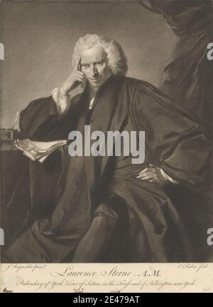 Edward Fisher, 1722–1785, britisch, Laurence Sterne, A.M, 1760. Mezzotint auf moderatley dickem, leicht strukturiertem, beigefarbenem Papier. Autor, Umhang, Locken, Schreibtisch, Draperie, Strumpfband, Blick, Gestik, Bein, Mantel, Papieren, Dichter, Porträt, Posen, Federbeine, Robe, sitzend, Ärmel, lächelnd, Sterne, Laurence (1713–1768), Schriftsteller und Kirche von England Geistlicher, Vikar, Perücke. Sterne, Laurence (1713–1768), Schriftsteller und Geistlicher der Church of England Stockfoto