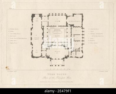 George Gladwin, aktiv 1820er–1830er Jahre, York House: Plan of Principle Floor, 1827. Ätzung auf mäßig dickem, leicht strukturiertem, cremefarbenem Wove-Papier. Architektonisches Motiv, Grundriss, Layout, Villa, Zimmer, Maßstab (Regel). City of Westminster , England , Greater London , London , Vereinigtes Königreich , York House, Strand Stockfoto