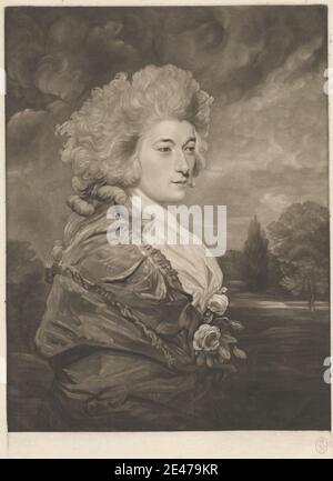 Druck von Joseph Grozer, ca. 1755–1798, Brite, Viscountess Duncannon, ca. 1785. Mezzotint und Radierung auf mäßig dickem, mäßig strukturiertem, cremefarbenen Papier. gräfin, Locken, Fichu, Blumen (Pflanzen), Adel, Porträt, Schal, Bäume, Frau. Ponsonby, Henrietta Frances, Gräfin von Bessborough (1761–1821), Adlige Stockfoto