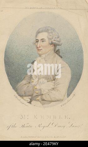 Druck von William Nelson Gardiner, 1766–1814, Irisch, Mr. Kemble, vom Theatre Royal, Drury Lane, 1797. Stipple Gravur und Radierung, mit Aquarell auf mäßig dicke, leicht strukturierte, beige Karte. Schauspieler, Mantel, Kragen, Cravat, Entertainer, Mann, Manager, oval, Porträt, Posen, Rüffen, Perücke. Kemble, Stephen (1758-1822), Schauspieler und Entertainer Shakespeare, William (1564–1616), Dramatiker und Dichter Stockfoto