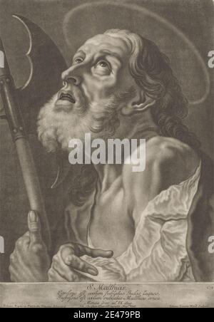 Druck von Johann Lorenz Haid, 1702–1750, Deutsch, S. Matthias, undatiert. Mezzotint auf mäßig dickem, leicht strukturiertem, cremefarbenen Papier. apostel, Axt, Bart, Christ, Christentum, Mantel, Locken, Schüler, Blick, Halo, historisches Thema, Schnurrbart, religiöse, religiöse und mythologische Thema, feierlich, Personal, nachdenklich Stockfoto