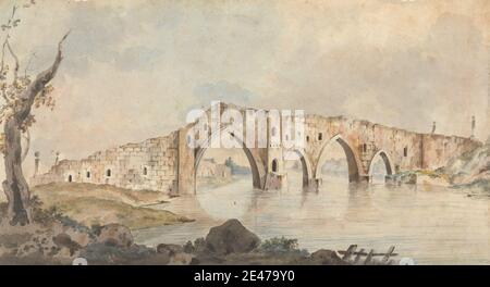 Willey Reveley, (?), 1760–1799, britisch, Views in the Levant: Ruined Bridge with Four Pointed Arches near Rome, ca. 1785. Aquarell, Feder und braune Tinte und Graphit auf Medium, leicht strukturiert, cremefarbenen Papier, montiert auf dicken, leicht strukturierten, braunen Gewebspapier. Bögen, architektonische Thema, Brücke (gebaut), Landschaft, Ruinen. Europa , Italien , Latium , Levante , Rom Stockfoto