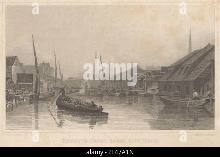 Charles Heath, 1785–1848, British, Regent's Canal Basin, City Road, undated. Radierung auf mäßig dickem, leicht strukturiertem beigefarbenem Papier. Architekturmotiv, Lastkähne, Brücke (Bauarbeiten), Gebäude, Kanal, Stadtbild, Docks, Arbeit, Masten, Männer, Ankerplatz, Piers, Punts, Takelage, Fluss, Ruderboote, Rudern, Segel, Lagerung, Werfer. City of Westminster , England , Europa , Groß-London , Regent's Canal , Themse , Vereinigtes Königreich Stockfoto