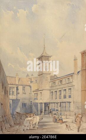 Thomas Shotter Boys, 1803–1874, britisch, Innenhof eines Gasthauses an der Themse, undatiert. Aquarell, Feder und braune Tinte, Stift und schwarze Tinte, und Graphit auf Medium, leicht strukturiert, Creme Wove Papier. Architekturmotiv, Balkon, Kamine (architektonische Elemente), Uhr, Hof, Hund (Tier), Zäune, Genre Thema, Pferd (Tier), Inn, Männer, Himmel, Kirchturm, Wagon, Spazierstöcke, Räder, Fenster, Frauen. England , Themse , Vereinigtes Königreich Stockfoto