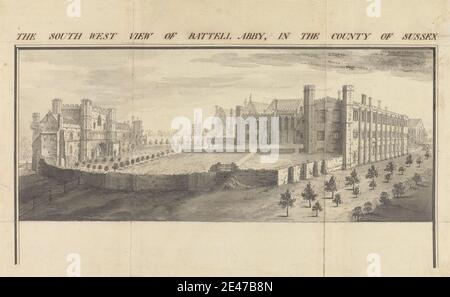 Samuel Buck, 1696–1779, britisch, Südwest Ansicht der Battle Abbey in der Grafschaft Sussex, 1735. Graphit, Stift und schwarze Tinte, und grau waschen auf Medium, leicht strukturiert, Creme gelegt Papier. Architektonisches Thema Stockfoto
