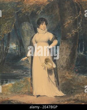 Richard Westall, 1765–1836, britisch, A Landscape with a Portrait of a Lady, Full Length, Holding a hat, undated. Aquarell und Gouache auf mäßig dickem, leicht strukturiertem, cremefarbenem Wove-Papier. Haube, Kleid, Blumen (Pflanzen), Laub, Genremotiv, Hut, Spitze, Dame, Landschaft, Blatt (Pflanzenmaterial), Porträt, Bänder, Rüschen, Schal, Schuh, Bäume, Wasser, Frau Stockfoto
