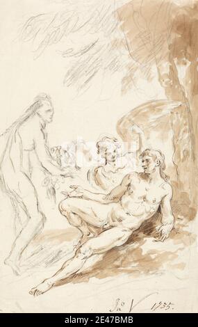 John Vanderbank, 1694–1739, Brite, Raphaels Besuch bei Adam und Eva, aus Miltons Paradies, undated. Braun waschen und Graphit mit Stift und braune Tinte auf Medium, leicht strukturiert, Creme gelegt Papier. Figurenstudie , Paradise Lost (veröffentlicht 1667) von John Milton , religiöse und mythologische Thema. Raphael Eva Adam Stockfoto