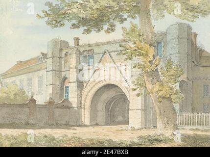 Edward Hawke Locker, 1777–1849, Britisch, Reading Abbey Gateway, 1803. Aquarell über Graphit auf Medium, leicht strukturiert, cremefarbenen Wove Papier. abtei, architektonisches Thema, Gateway, Fenster. Berkshire , England , Reading , Reading Abbey , Vereinigtes Königreich Stockfoto