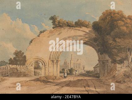 John Varley, 1778–1842, Britisch, Byland Abbey, Yorkshire, 1808. Aquarell und Graphit auf Medium, leicht strukturiert, cremefarbenen Papier, montiert auf dicken, glatten, cremefarbenen Wove Papier. Abteien, Bögen, architektonische Thema, Kirchen, Landschaft, Mauerwerk, Straßen, Ruinen, Türme, Steine, Bäume, Wände. Byland , Byland Abbey , England , Großbritannien , Yorkshire Stockfoto