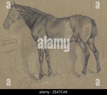 Stil von Sir Edwin Henry Landseer, 1802–1873, britisch, EIN gedappltes Pferd in einem Stall, undatiert. Schwarz-weiße Kreide auf mäßig dickem, leicht strukturiertem, grauem, gewebenem Papier, aufgezogen, sehr dick, glatt, beige, gewebt, Kartenpapier. Tierkunst, Pferd (Tier), stabil Stockfoto