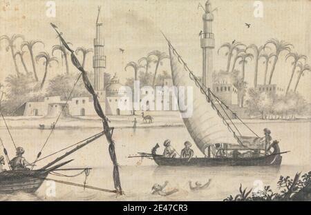 Unbekannter Künstler, Ansichten in der Levante: Men Sailing Small Boat with Canopy past buildings and many Palm trees, ca. 1785. Stift und schwarze Tinte, graue Tinte, braune Tinte, Graphit und grau waschen auf Medium, mäßig strukturiert, Creme, Papier gelegt, montiert auf mäßig dick, glatt, braun, Wove Papier. Boot, Gebäude, Baldachin, Männer, Palmen, Segelboote, Segeln. Levant Stockfoto