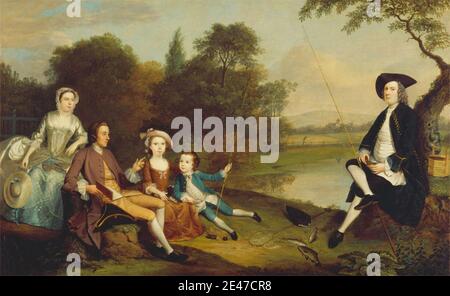 Arthur Devis, 1712–1787, britisch, Portrait of a Family, traditionell bekannt als The Swaine Family of Fencroft, Cambridgeshire, 1749. Öl auf Leinwand. Buch, Junge, Kinder, Gespräch Stück, Hund (Tier), Familie, Zaun, Fichu, Fisch, Angeln, Mädchen, Hut, mantua, Männer, Petticoat, Porträt, Lesen, Wasser, Frauen Stockfoto