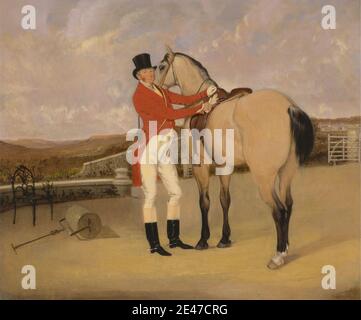 Anson Ambrose Martin, aktiv 1830–1844, Brite, James Taylor Wray von der Bedale Hunt mit seinem Dun Hunter, ca. 1840. Öl auf Leinwand. Stuhl, Kostüm, Reitsport, Handschuhe, Pferd (Tier), männlich, Porträt, Erholung, Roller (Verdichtung Ausrüstung), Sportkunst, viktorianischen. Bedale , England , Europa , North Yorkshire , Vereinigtes Königreich Stockfoto