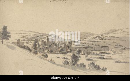 Hendrik Danckerts, ca. 1625–1680, niederländisch, in Großbritannien tätig (bis 1664), Caerphilly Castle, undatiert. Stift, schwarze Tinte, braune Tinte, graue Wäsche auf Medium, mäßig strukturiert, beige gekleideten Papier. Architektonisches Thema, Burg, Felder, Hügel, Landschaft, Ruinen, Wände. Caerphilly , Caerphilly , Caerphilly Castle , Vereinigtes Königreich , Wales Stockfoto