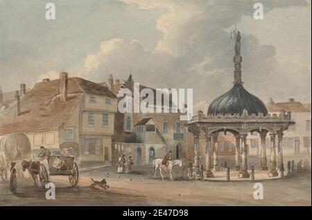 George Frost, 1745–1821, British, Corn Hill and Moot Hall, Ipswich, undated. Aquarell und Graphit auf Medium, leicht strukturiert, Creme Wove Papier. Bögen, architektonische Thema, Karren, Säulen, Kuppel, Pferde (Tiere), plaza, Statue. England, Europa, Ipswich, Suffolk, Vereinigtes Königreich Stockfoto