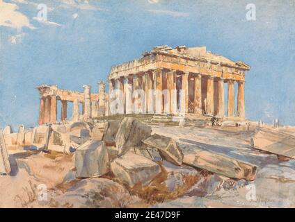 John Fulleylove, 1845–1908, britisch, der Parthenon vom nördlichen Ende des östlichen Portikus der Propylae, Abendlicht, ca. 1895. Aquarell und Graphit, mit Auskratzen auf dickem, rauem, gewebenem Papier. Architektonisches Motiv, Säulen, Felsen (Landformen), Ruinen, Tempel. Athen, Ellás, Europa, Großraum Athen, Parthenon Stockfoto