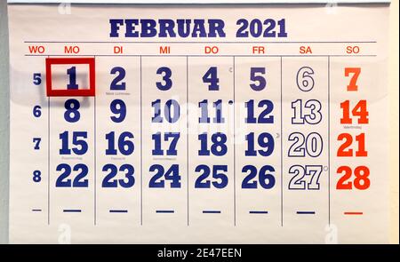 Leipzig, Deutschland. Januar 2021. Ein Kalender mit dem Blatt des Monats Februar 2021 hängt in einem Büro. Nicht ein Tag zu viel, nicht ein Tag zu wenig: Im Jahr 2021, Februar ist unübertroffen in Perfektion. Die vier Kalenderwochen passen wie angegossen. Es beginnt an einem Montag, endet an einem Sonntag. (To dpa 'What makes February so perfect this year') Credit: Jan Woitas/dpa-Zentralbild/dpa/Alamy Live News Stockfoto