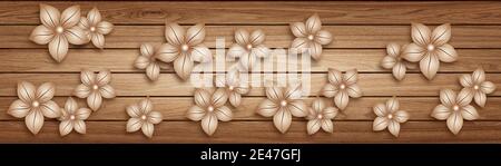 3D Tapete Hintergrund, Hochwertige Blume mit Holz Rendering dekorative Wandbild Tapete Illustration, 3D Blume Wohnzimmer Tapete. Stockfoto
