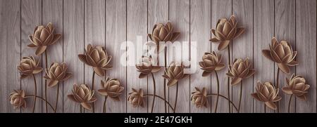 3D Tapete Hintergrund, Holz Hochwertige Hexagon Rendering dekorative Wandbild Tapete Illustration, 3D Blume Wohnzimmer Tapete. Stockfoto