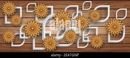 3D Tapete Hintergrund, Holz Hochwertige Rendering dekorative Wandbild Tapete Illustration, 3D Blume Wohnzimmer Tapete. Stockfoto