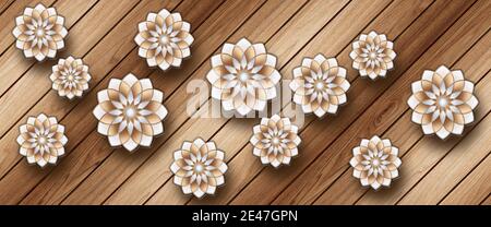 3D Tapete Hintergrund, Holz Hochwertige Rendering dekorative Wandbild Tapete Illustration, 3D Blume Wohnzimmer Tapete. Stockfoto