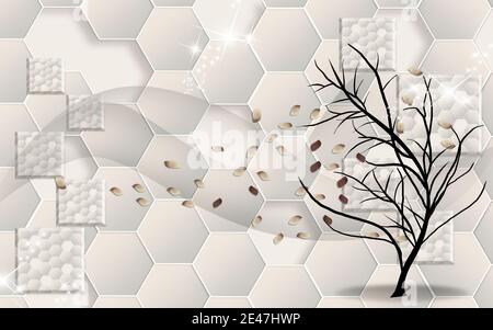 3d-Illustration, beige Hintergrund, Sechsecke, Pailletten, schwarz gebogenen Baum im Wind Stockfoto