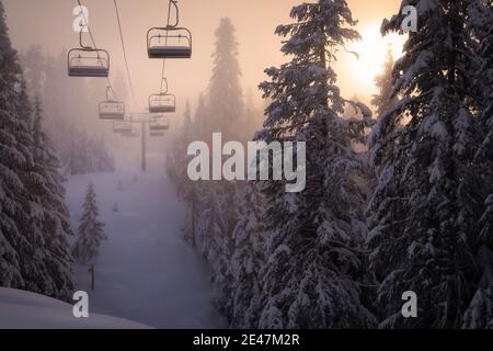 Leerer Sessellift auf Skihill mit Winter Foggy Golden Sunset & schneebedeckten Bäumen. Auf dem Gipfel des Grouse Mountain, Vancouver, BC, Kanada. Stockfoto