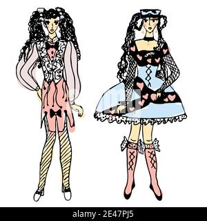 Zwei Mädchen mit schönen Kleidern, Vektor-Zeichnung eines Paares von modischen Mädchen, naive Kinderzeichnung Stock Vektor