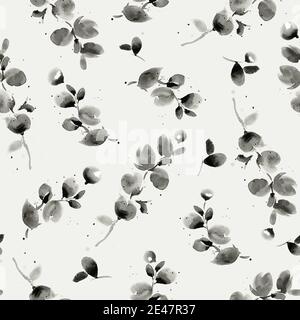 Nahtloses Muster, Aquarellmuster von Zweigen mit Blättern und Beeren schwarz und weiß, Aquarell wiederholendes Muster Stock Vektor
