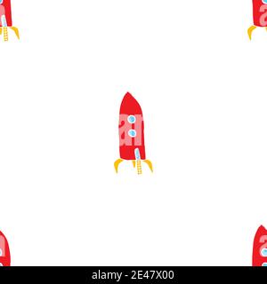 Rakete Nahtloses Muster. Niedliche Doodles Raumschiffe Skizze. Handgezeichnete Cartoon Vektor Illustration. Stock Vektor