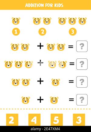 Addition Spiel mit niedlichen Cartoon Leopard Gesicht. Mathe-Spiel für Kinder. Stock Vektor