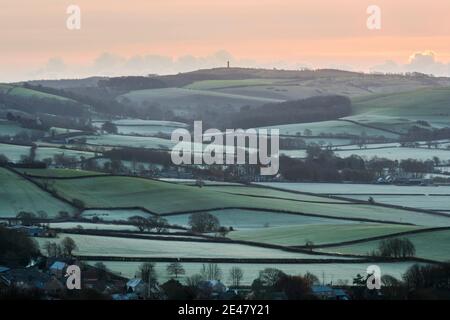 Litton Cheney, Dorset, Großbritannien. Januar 2021. Wetter in Großbritannien. Blick über die frostigen Felder bei Litton Cheney in Dorset mit Blick auf das Wahrzeichen von Hardy Monument bei Sonnenaufgang. Bild: Graham Hunt/Alamy Live News Stockfoto