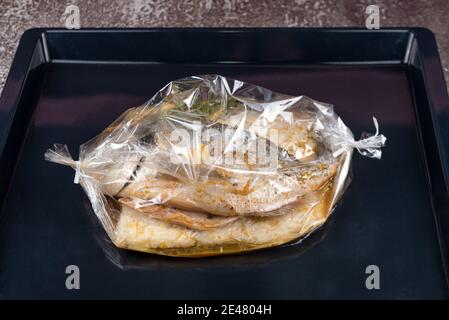 Dorado Fisch mit Reis, Sauce und Kräutern in einem Backblech in einem Microvawe Ofen bereit zum Kochen eingewickelt. Fisch im Backbeutel. Stockfoto