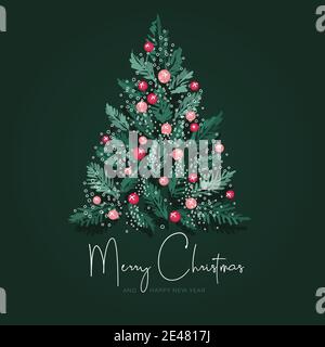 Weihnachtsbaum in Lichter auf dunklem Hintergrund, Wünsche für ein glückliches neues Jahr, Baum und Briefe, weihnachtskugeln, Vektor-Postkarte Stock Vektor