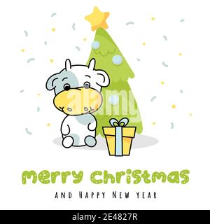 Neujahr Karte mit Kalb und Geschenk, weihnachtsbaum mit Kugeln, Konfetti, Grußtext, Jahr des Stiers, Baby Stier Stock Vektor