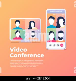 Treffen eines Unternehmens per Videokonferenz auf einem Mobiltelefon. Stock Vektor