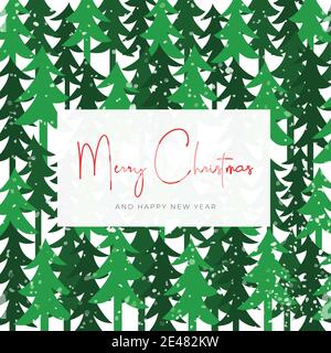 Weihnachtsbäume und fallender Schnee Frohe Weihnachten und frohes Neues Jahr Postkarte, viele Bäume im Hintergrund, herzlichen Glückwunsch zu den Winterferien Stock Vektor