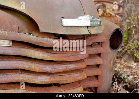 Der Grill eines alten, rostigen 1949 Chevrolet halbe Tonne Pick-up-Work-Truck, im Wald, bei Chrysler, Alabama Chevrolet Advance-Design cab Trucks waren ma Stockfoto