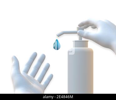 Nahaufnahme Hände mit Hand Desinfektionsmittel Spender . 3D-Illustration. Isoliert auf weißem Hintergrund Stockfoto