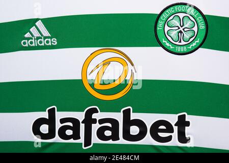 Nahaufnahme des Celtic FC Trikots Stockfoto