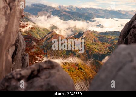 Herbstwald in den cerna Bergen, Panoramablick. Stockfoto