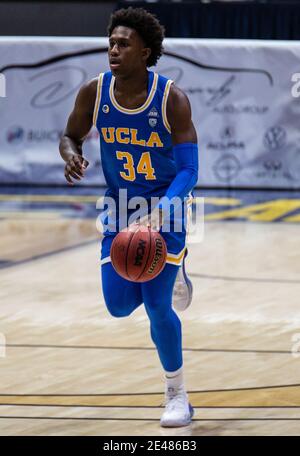 Hass Pavilion Berkeley Calif, USA. Januar 2021. CA U.S.A. UCLA Bruins Wache David Singleton (34) bringt den Ball auf den Platz während der NCAA Männer Basketball Spiel zwischen UCLA Bruins und der California Golden Bears 61-57 Sieg im Hass Pavilion Berkeley Calif. Thurman James/CSM/Alamy Live News Stockfoto